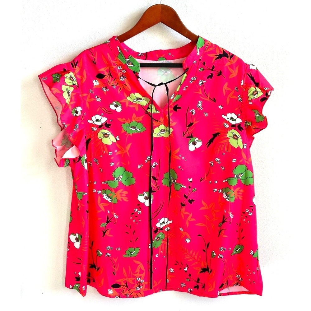 Short Flutter Sleeve V-Neck‎ Blouse Pink & Green Floral Poppy Print Women's 2XL